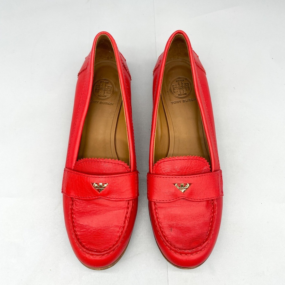Tory Burch Womens 9.5M Penny Loafers Shoes Red Leather Gold Logo Slip On Preppy